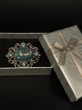 Coro Signed Vintage Blue Confetti Lucite Brooch Pin - Early 1950s Silver-Tone